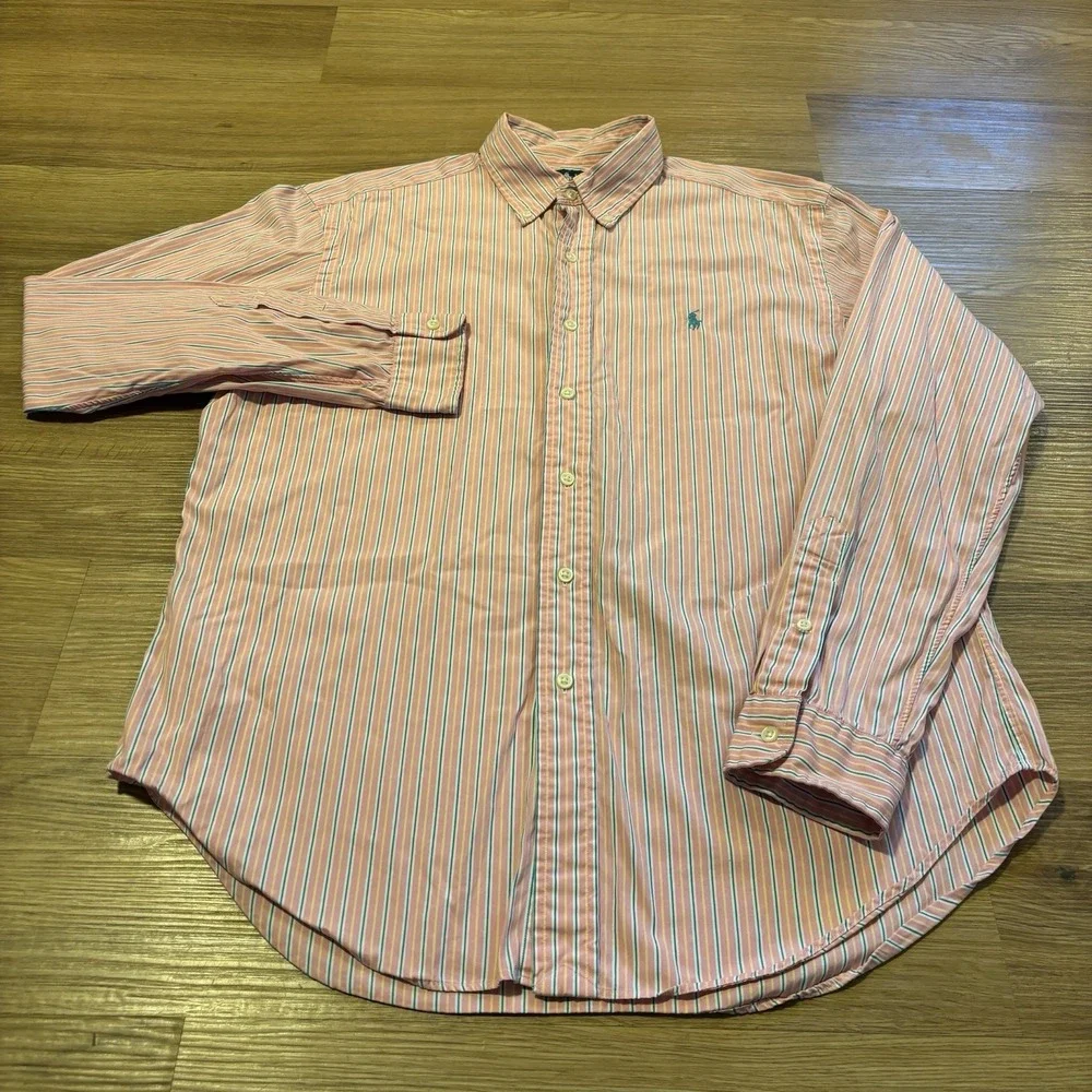 Polo Ralph Lauren Classic Fit MENS LARGE Button Up Shirt Pony Pink Blue Stripes